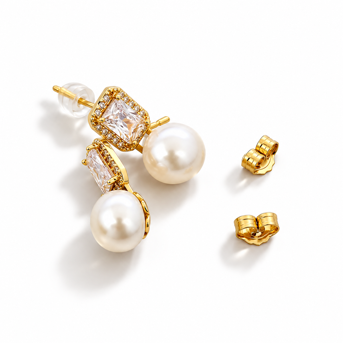 Classic Natural Pearl Earrings with Zirconia .