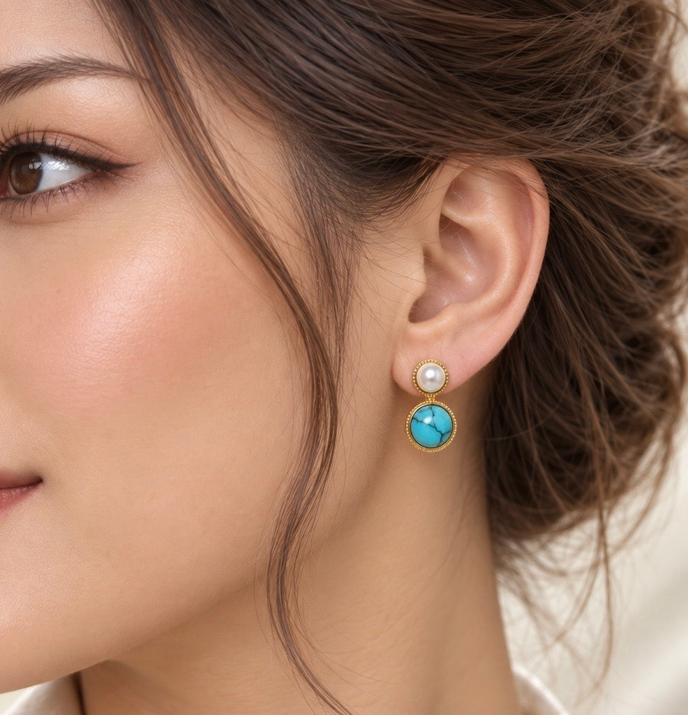 Natural Turquoise Stone, Freshwater Pearl Earrings.