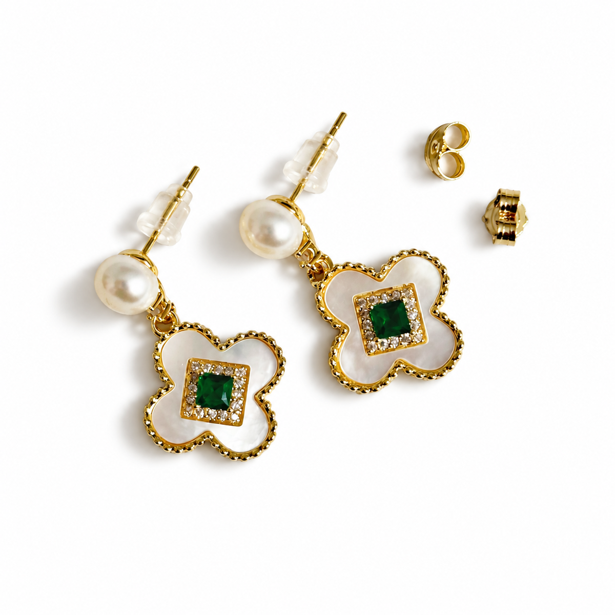 Trendy Pearl Earrings with Beautiful Green Stone.