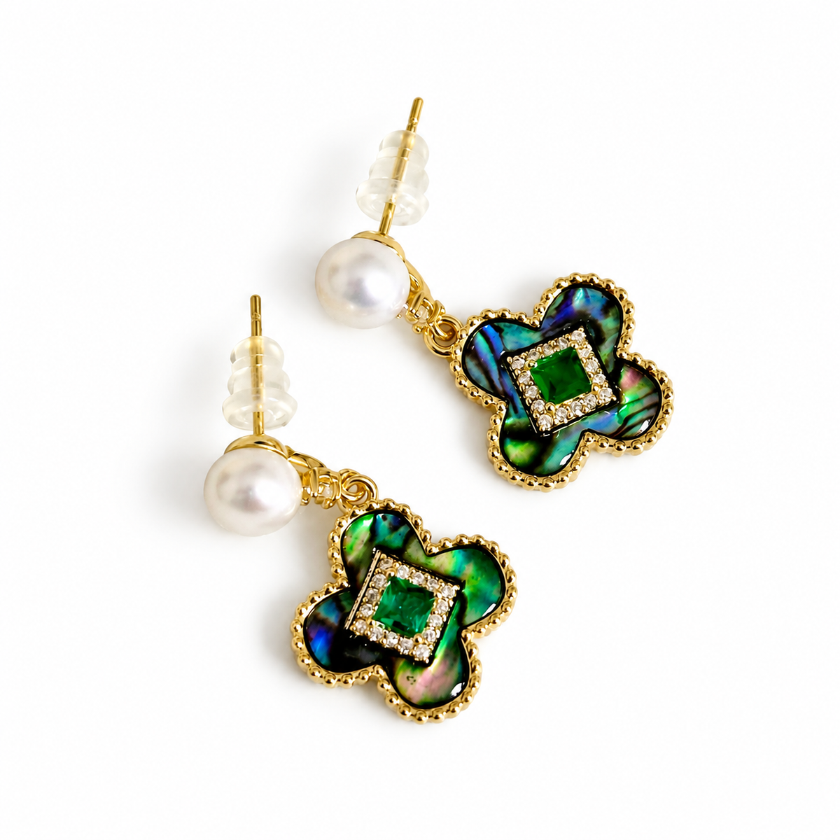 Natural Freshwater Pearl Earrings with multicolour green blue stone.