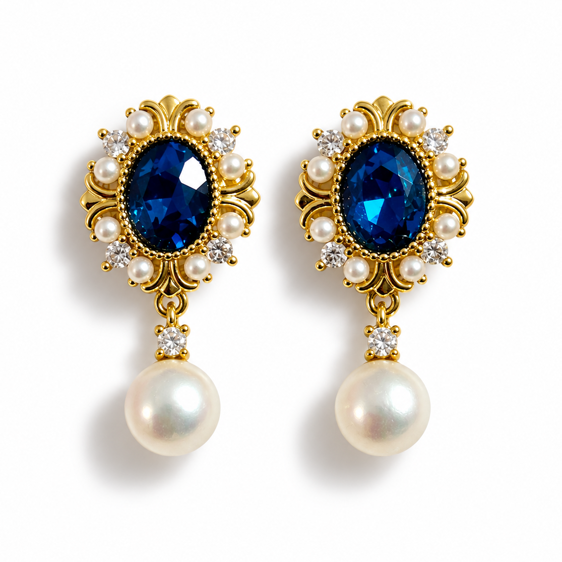 Classic Pearl Earrings with Deep Blue Natural stone.