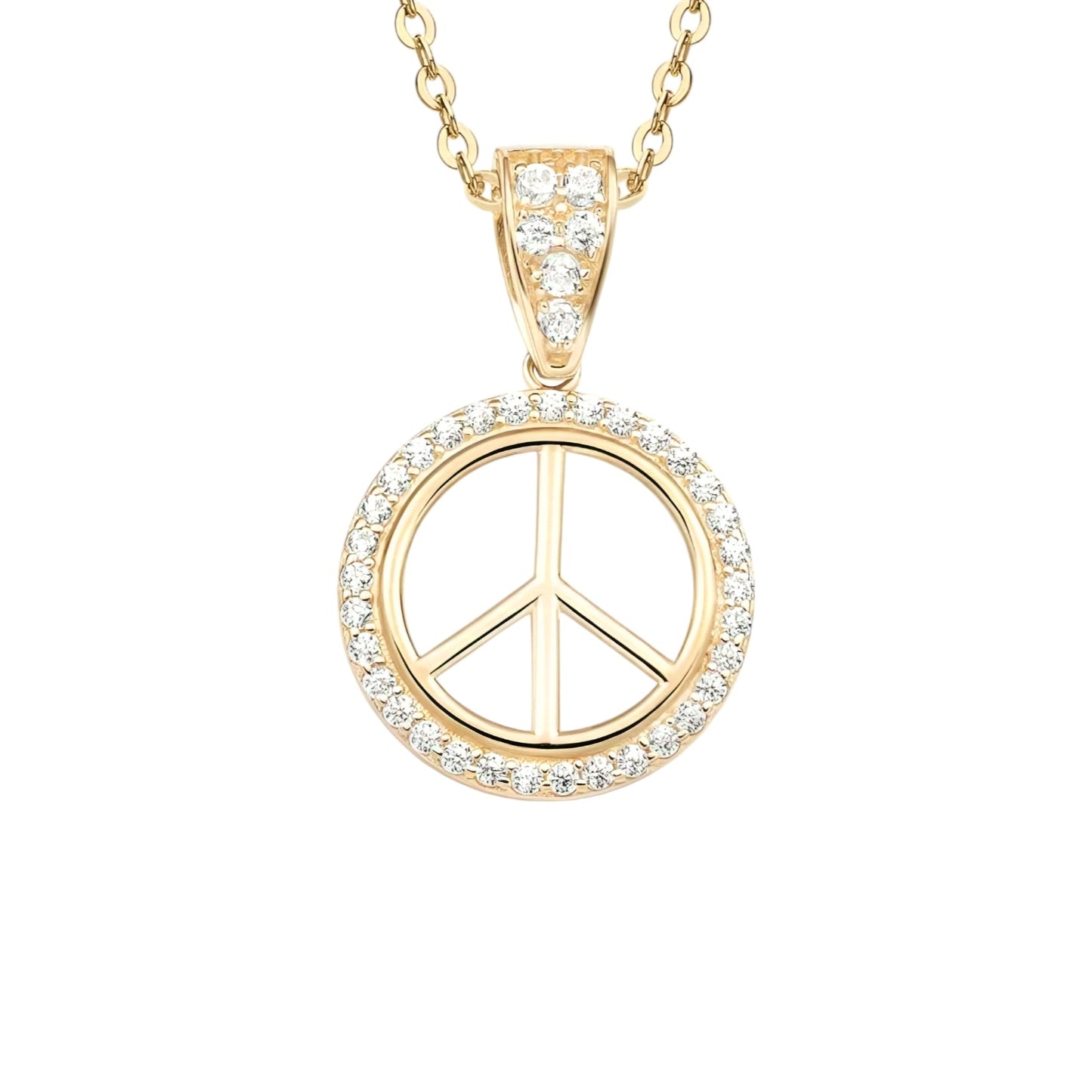 14k solid gold peace symbol necklace with 1.3mm zircons