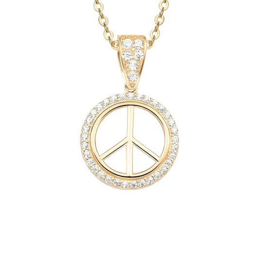 14k solid gold peace symbol necklace with 1.3mm zircons