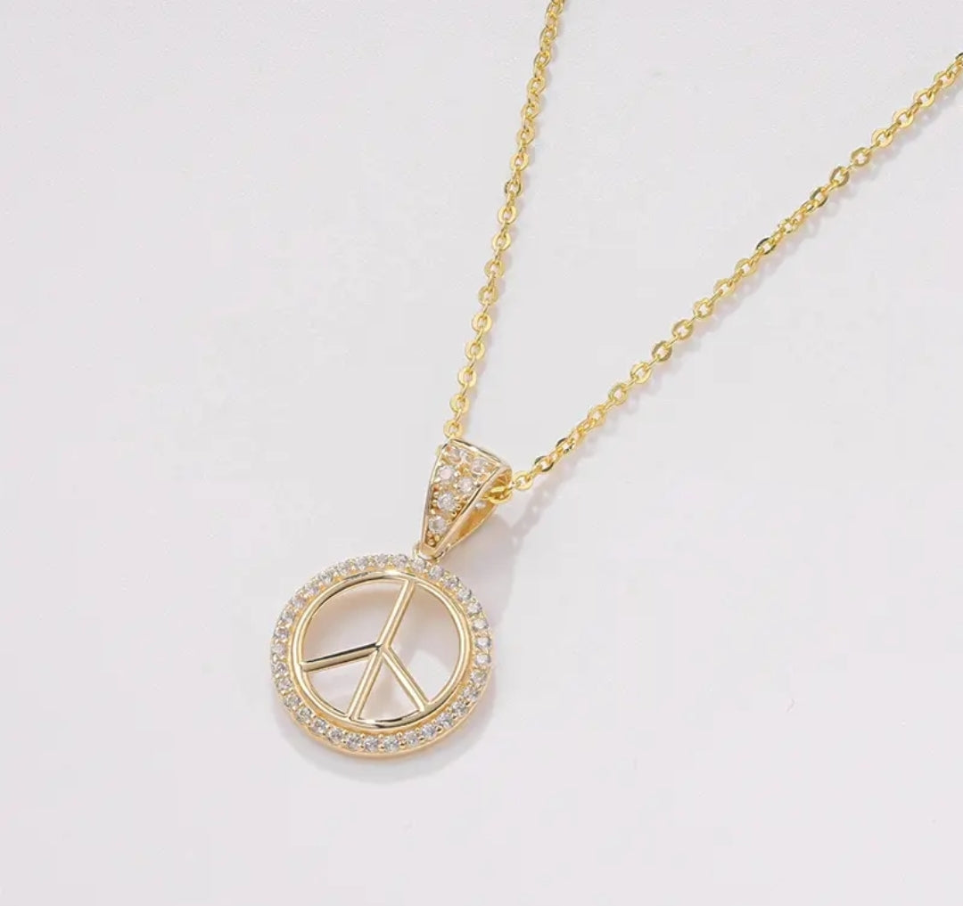 14k solid gold peace symbol necklace with 1.3mm zircons