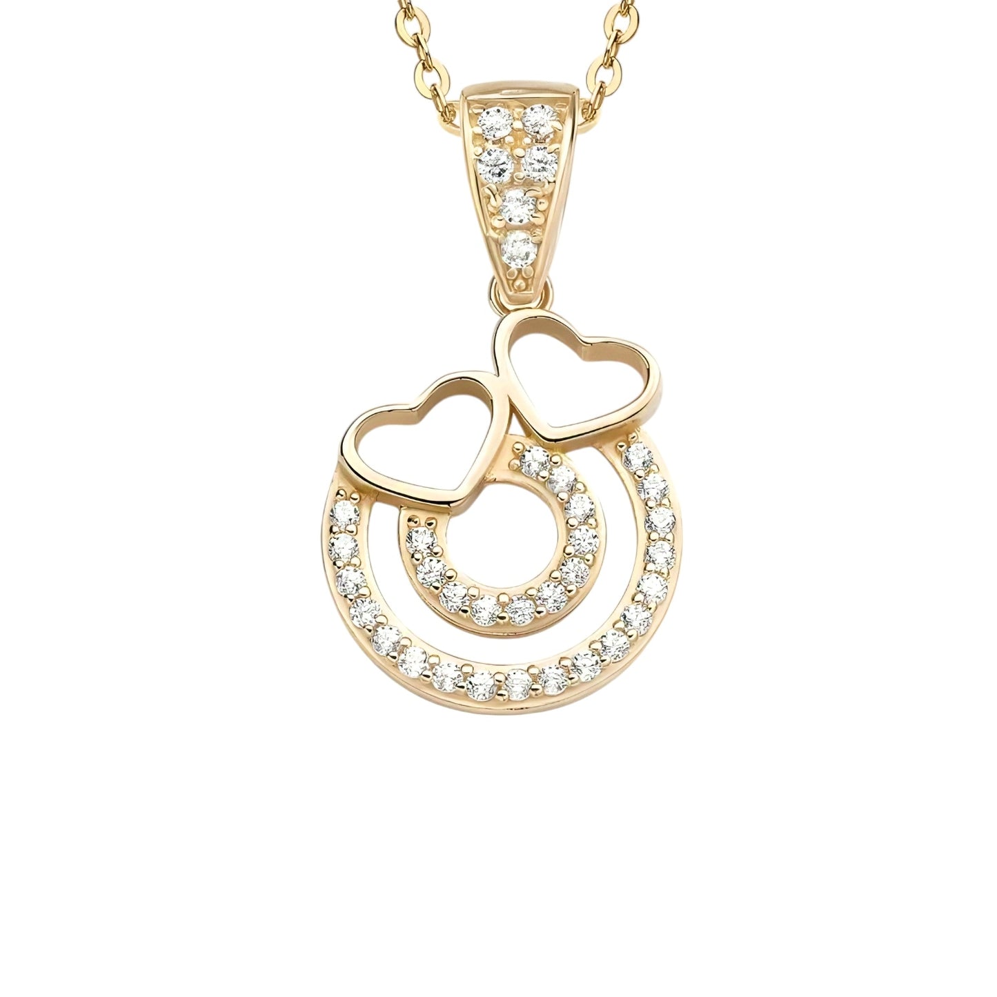 14k solid gold double heart necklace with 1.3mm zircons