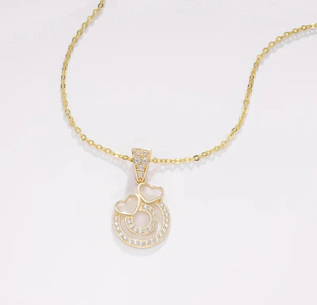 14k solid gold double heart necklace with 1.3mm zircons