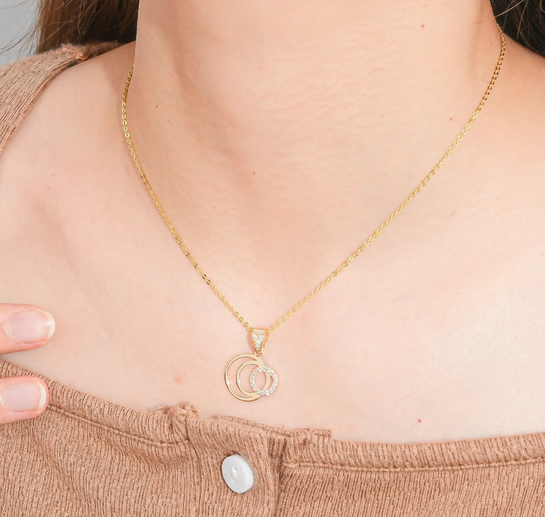 14k solid gold triple circle necklace with 1.3mm zircons