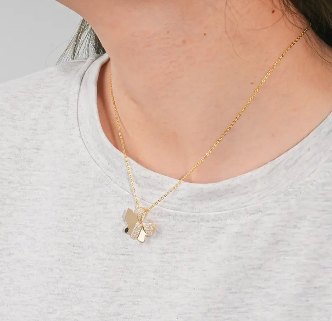 14k solid gold butterfly necklace with 1.3mm zircons