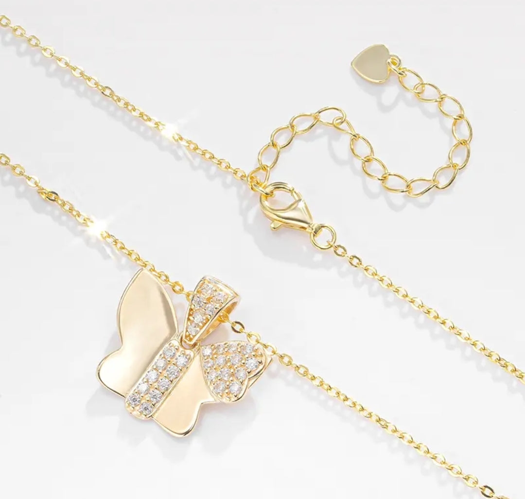 14k solid gold butterfly necklace with 1.3mm zircons