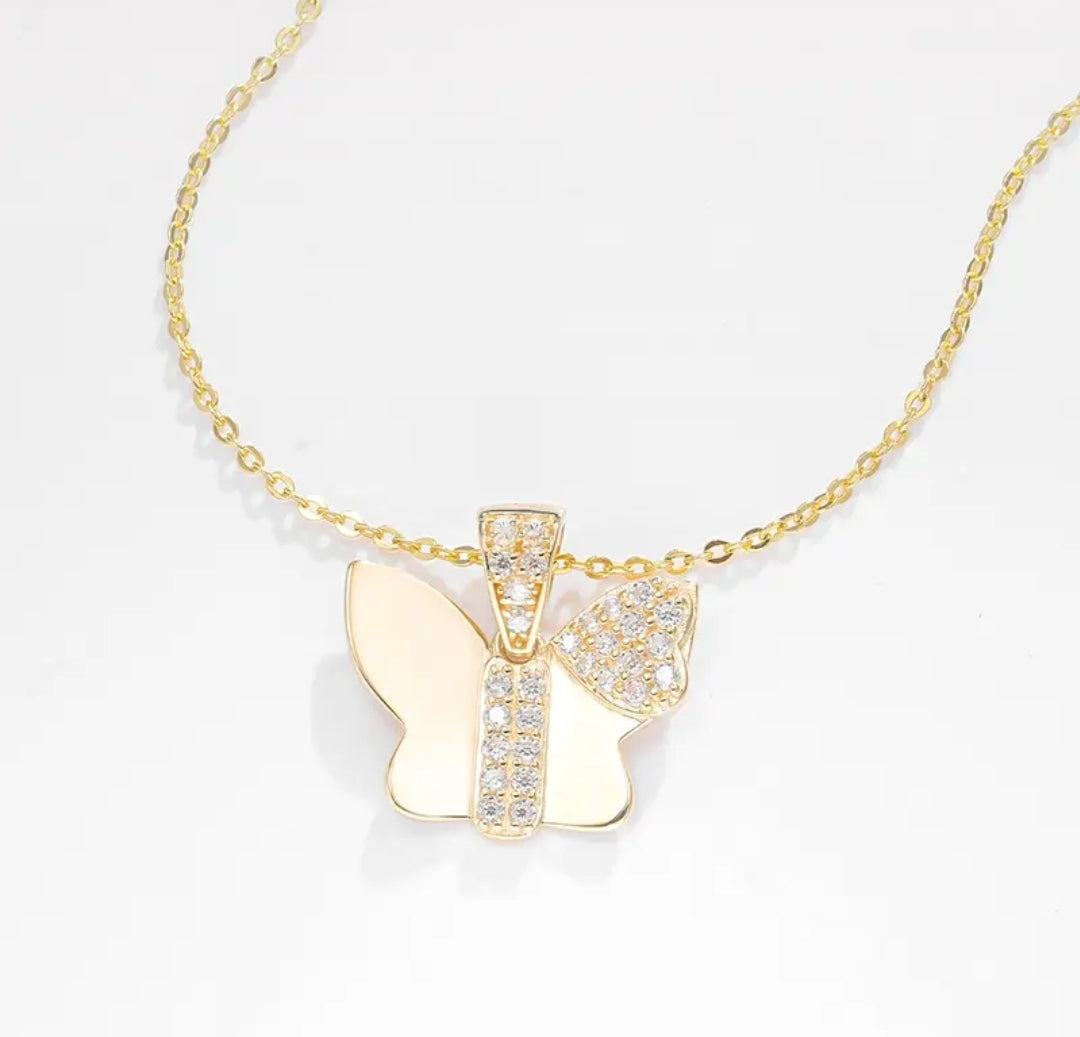14k solid gold butterfly necklace with 1.3mm zircons