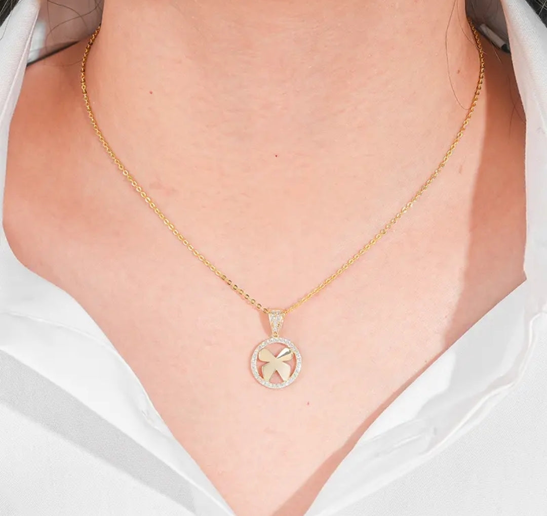 14k solid gold butterfly circle necklace with 1.3mm zircons