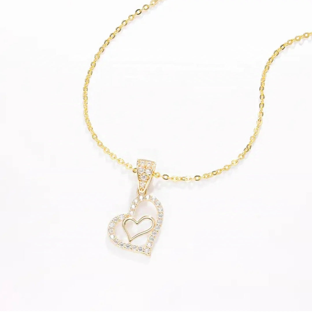 14k solid gold double heart necklace