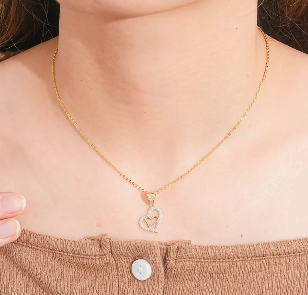 14k solid gold double heart necklace
