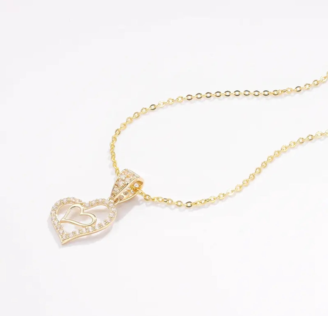 14k solid gold double heart necklace