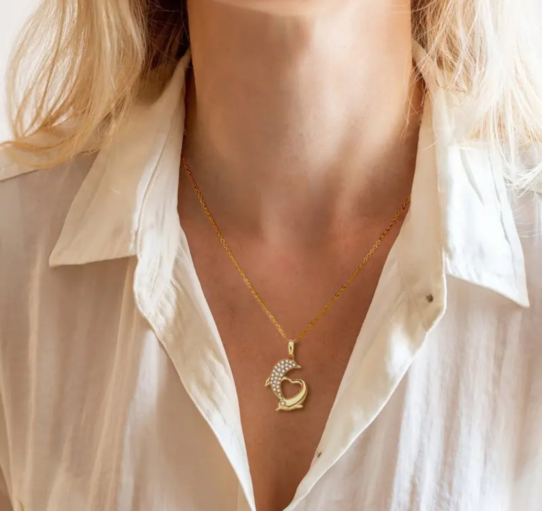14k solid gold double dolphin necklace