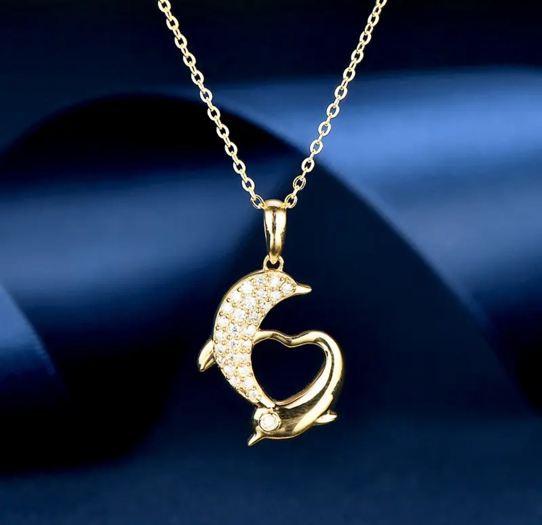 14k solid gold double dolphin necklace