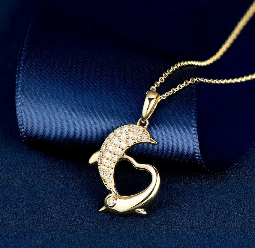 14k solid gold double dolphin necklace