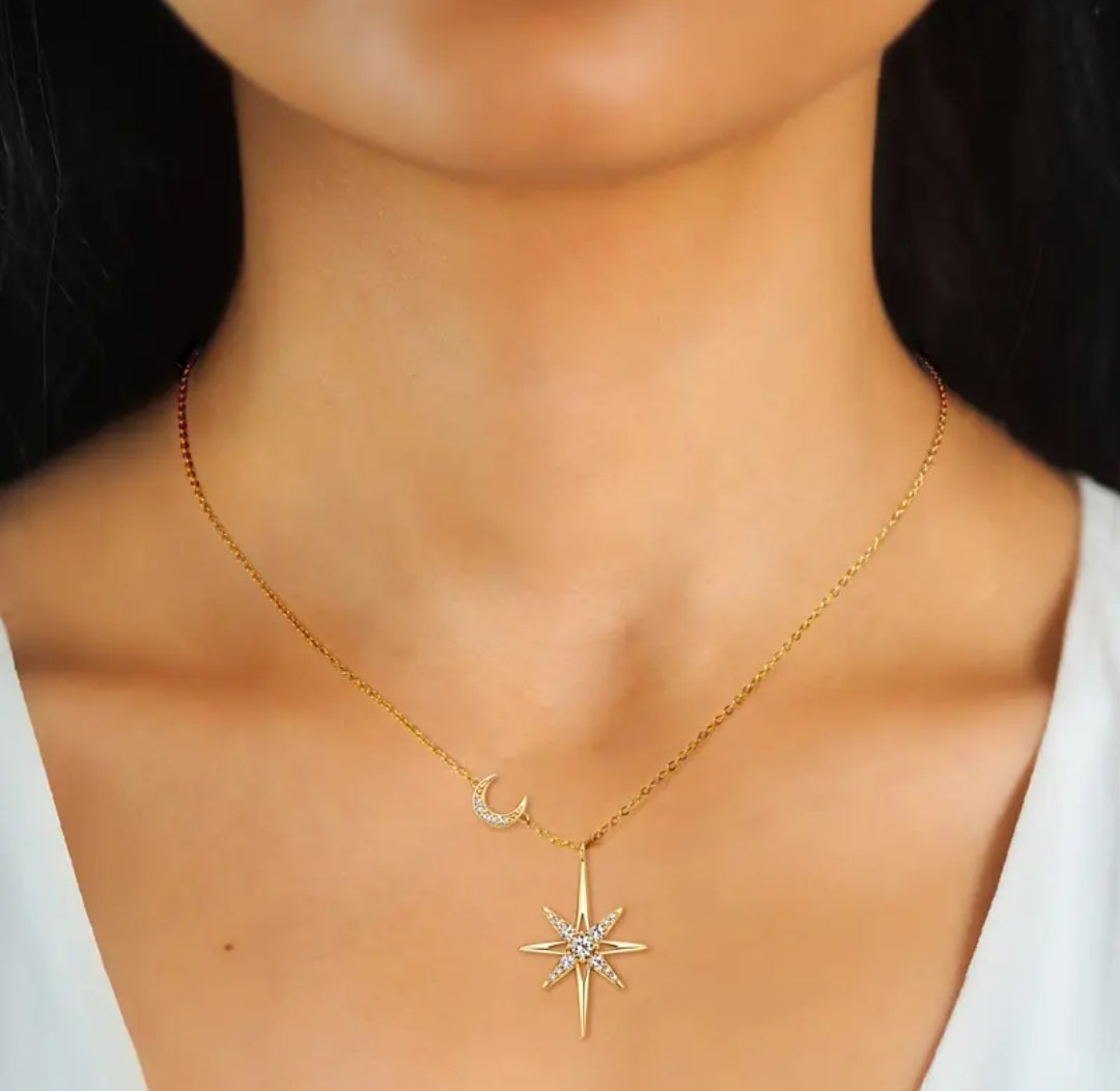 3mm star and moon Moissanite pendant necklace