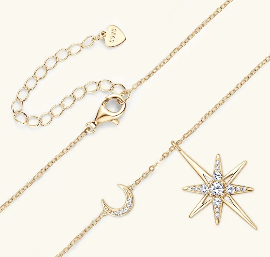 3mm star and moon Moissanite pendant necklace
