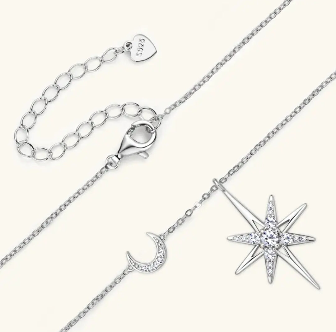 3mm star and moon Moissanite pendant necklace