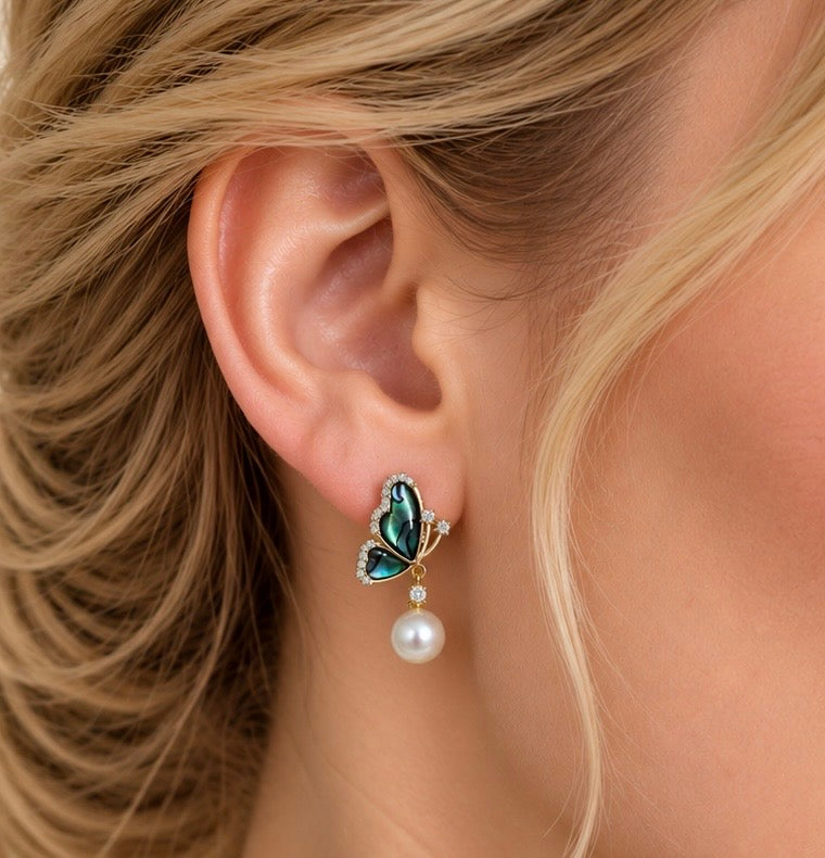 Butterfly Shape Pearl Earrings with multicolour green blue stone.