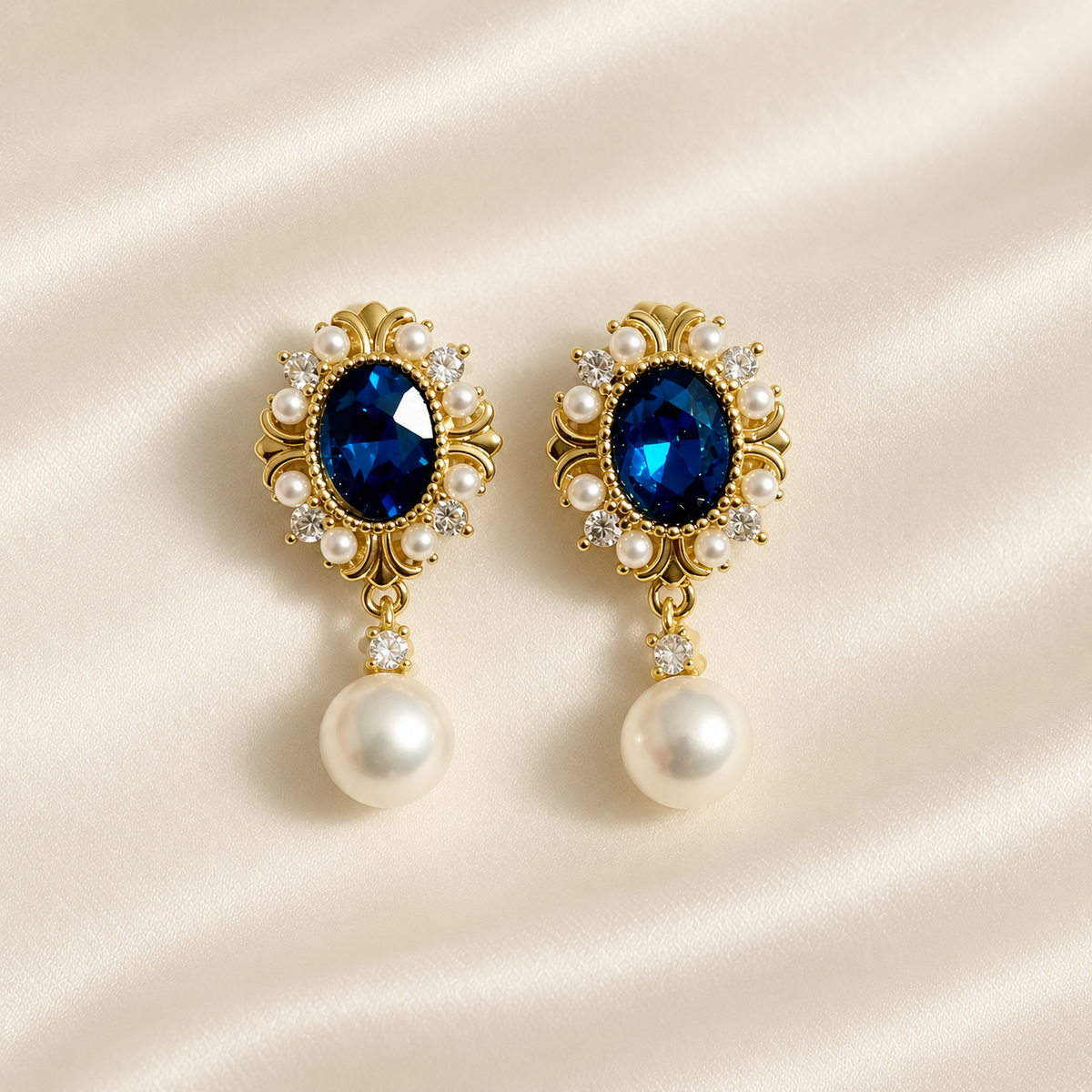 Classic Pearl Earrings with Deep Blue Natural stone.