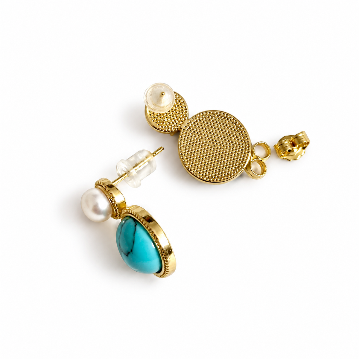 Natural Turquoise Stone, Freshwater Pearl Earrings.