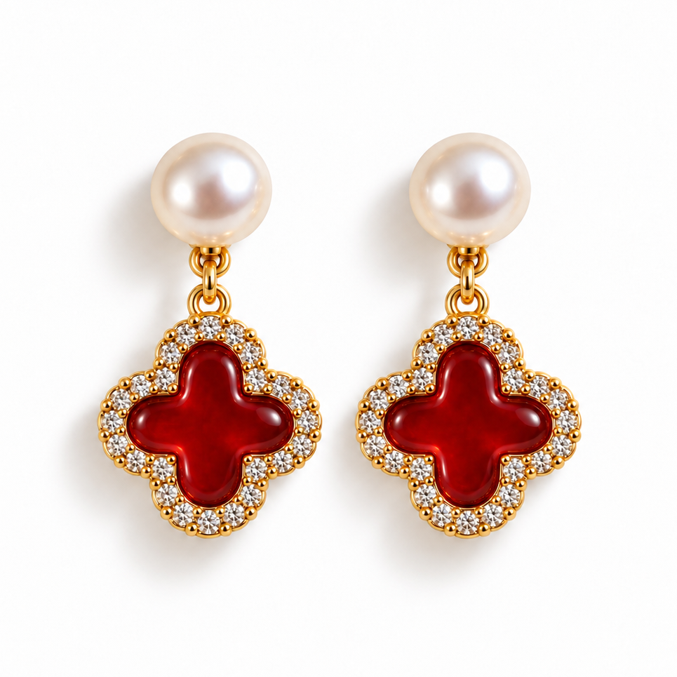 Handmade Natural Freshwater Pearl Earrings with deep red colour.