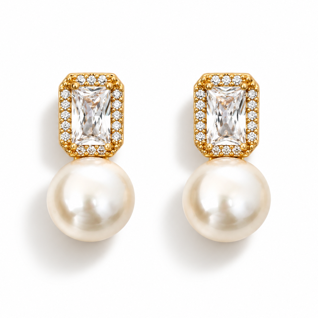 Classic Natural Pearl Earrings with Zirconia .