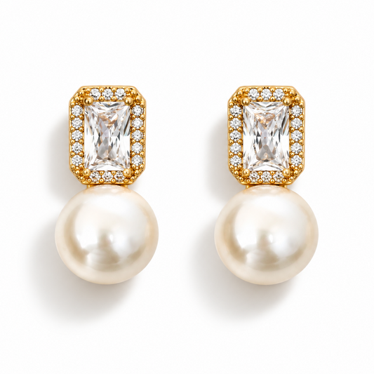 Classic Natural Pearl Earrings with Zirconia .