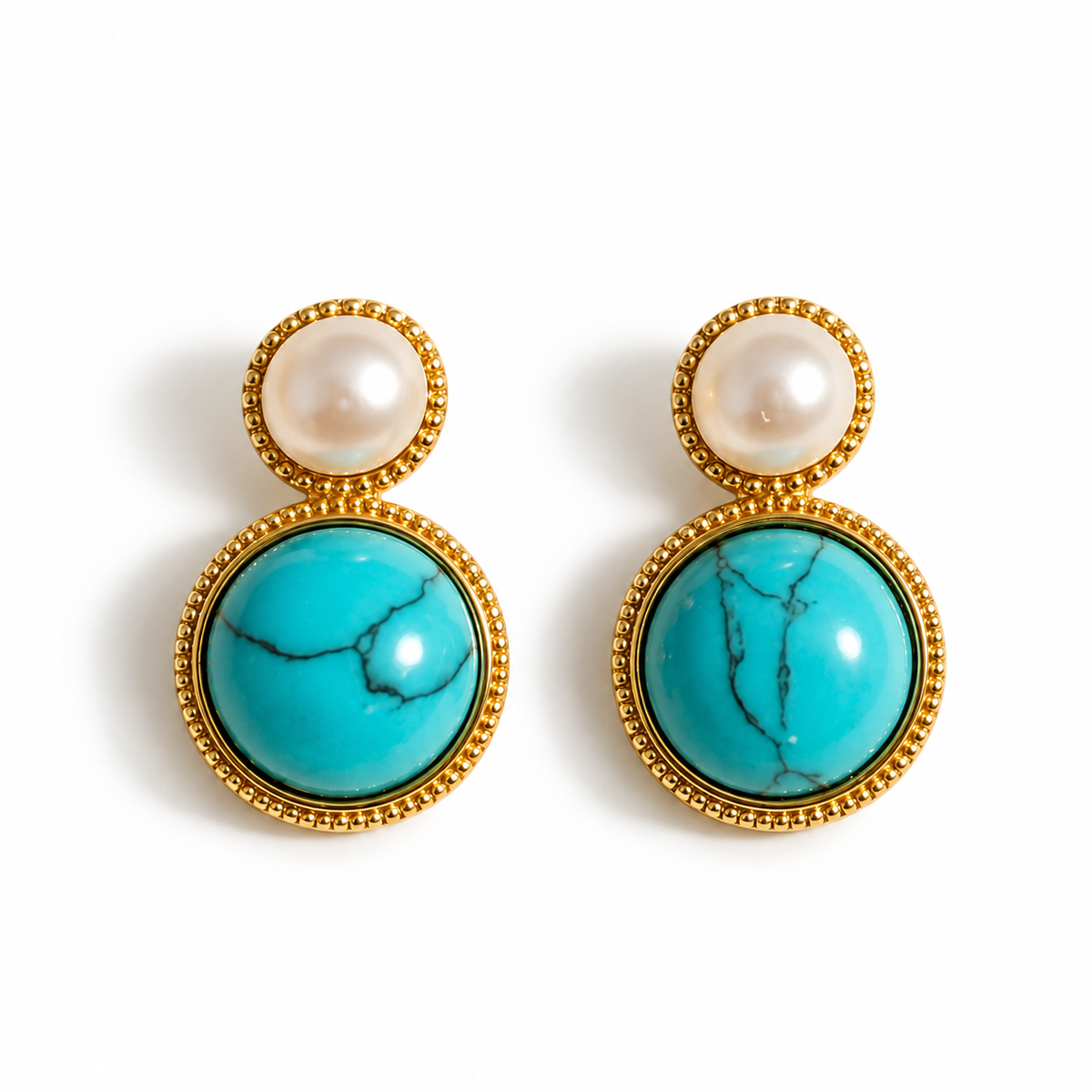 Natural Turquoise Stone, Freshwater Pearl Earrings.