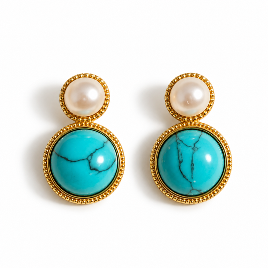 Natural Turquoise Stone, Freshwater Pearl Earrings.