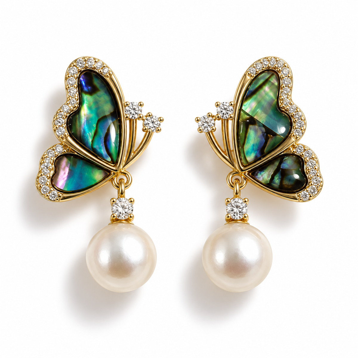 Butterfly Shape Pearl Earrings with multicolour green blue stone.