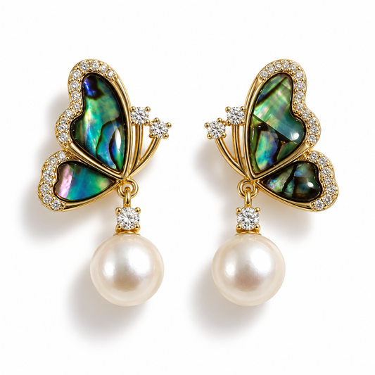 Butterfly Shape Pearl Earrings with multicolour green blue stone.
