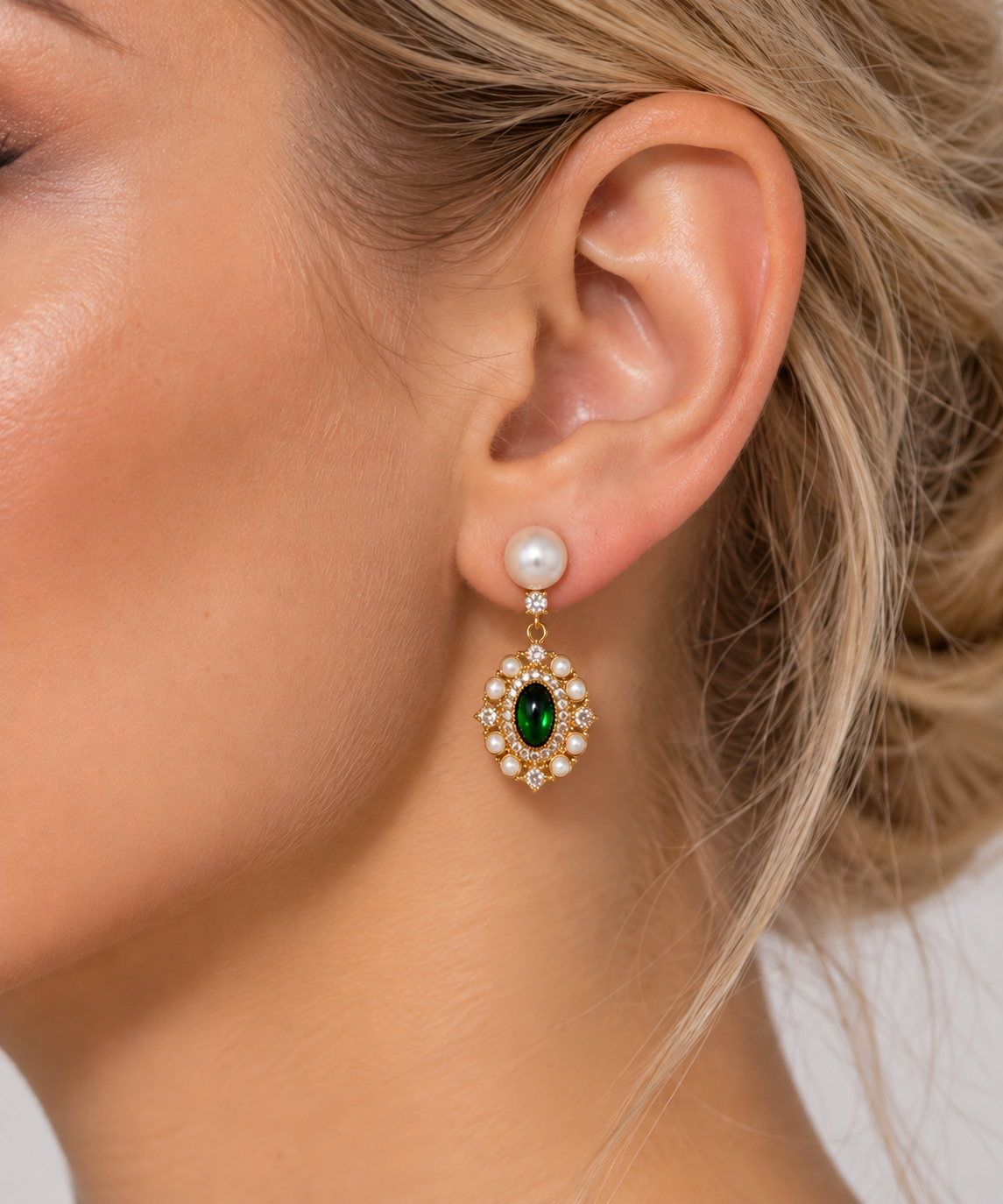 Beautiful Silver Pearl Earrings with Natural Green Stone.