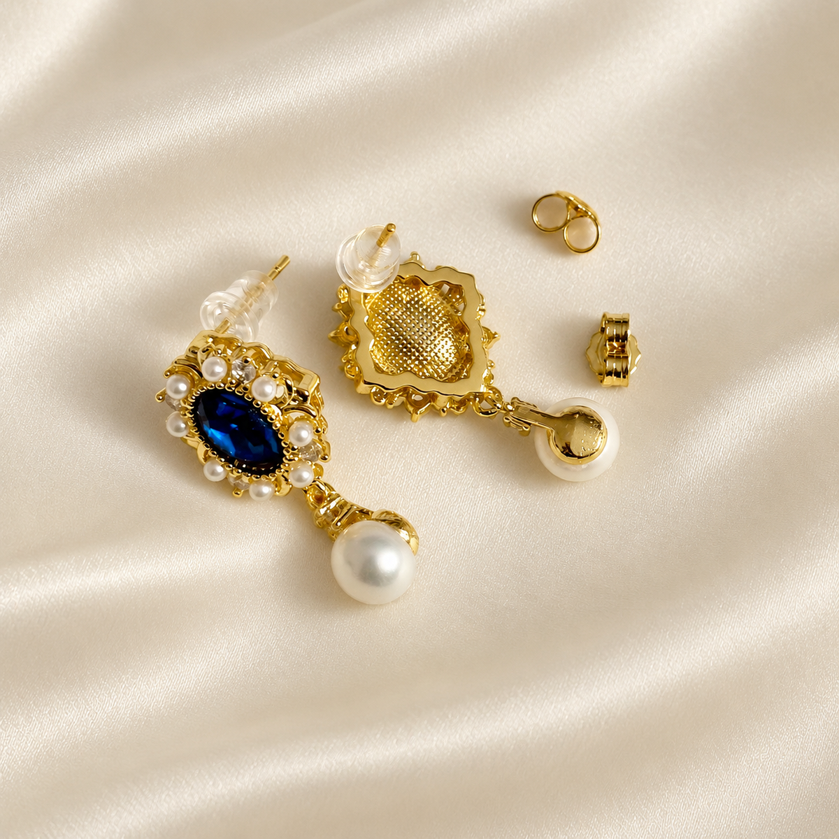 Classic Pearl Earrings with Deep Blue Natural stone.