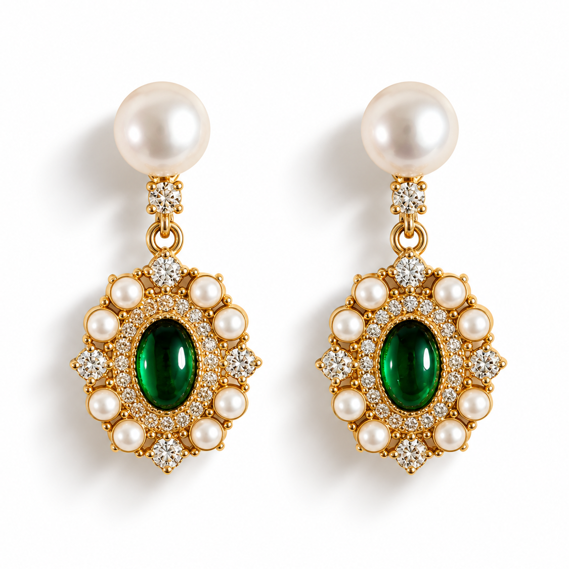 Beautiful Silver Pearl Earrings with Natural Green Stone.