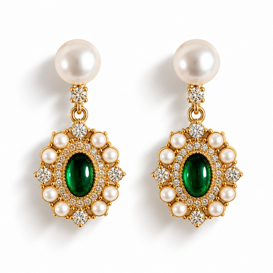 Beautiful Silver Pearl Earrings with Natural Green Stone.