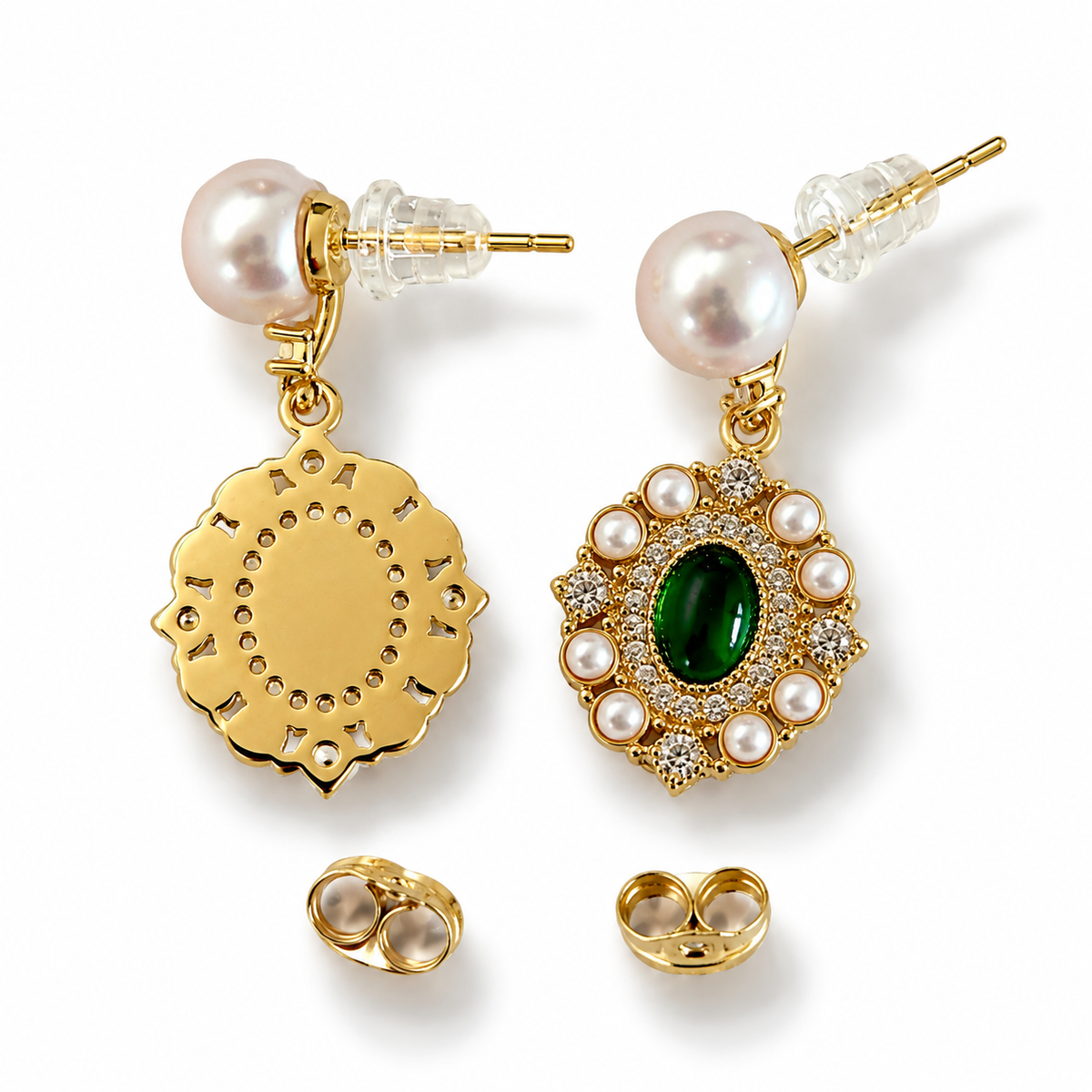 Beautiful Silver Pearl Earrings with Natural Green Stone.