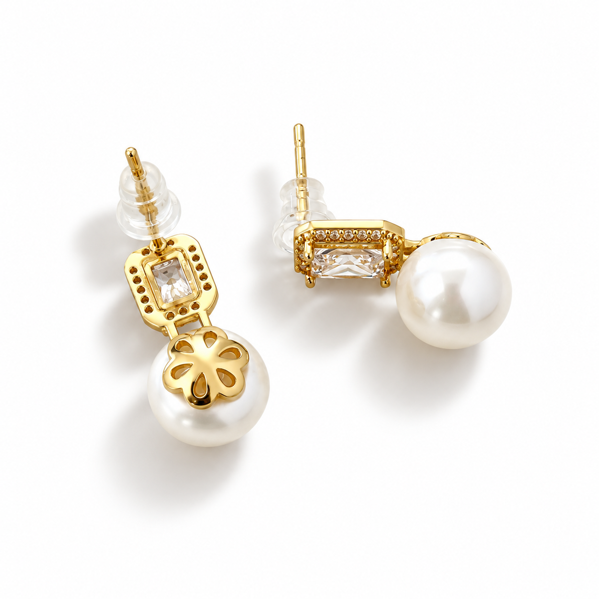 Classic Natural Pearl Earrings with Zirconia .
