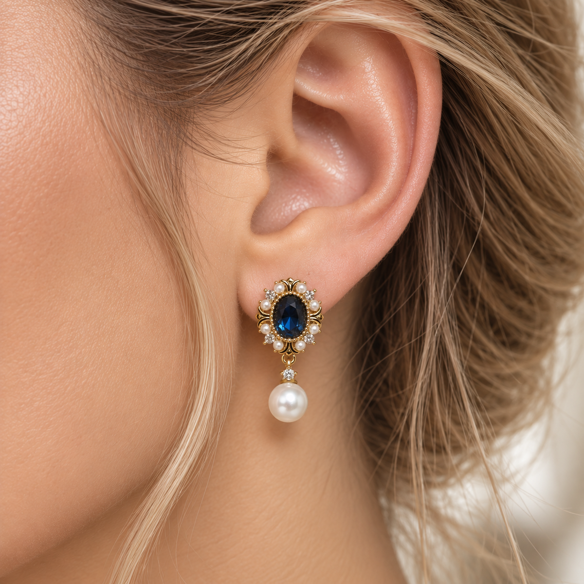 Classic Pearl Earrings with Deep Blue Natural stone.