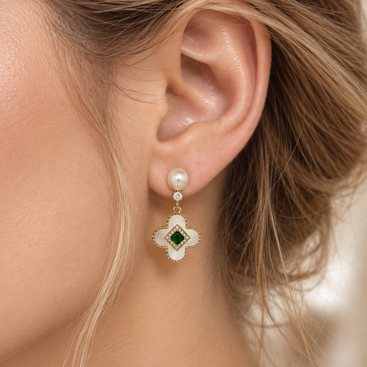 Trendy Pearl Earrings with Beautiful Green Stone.