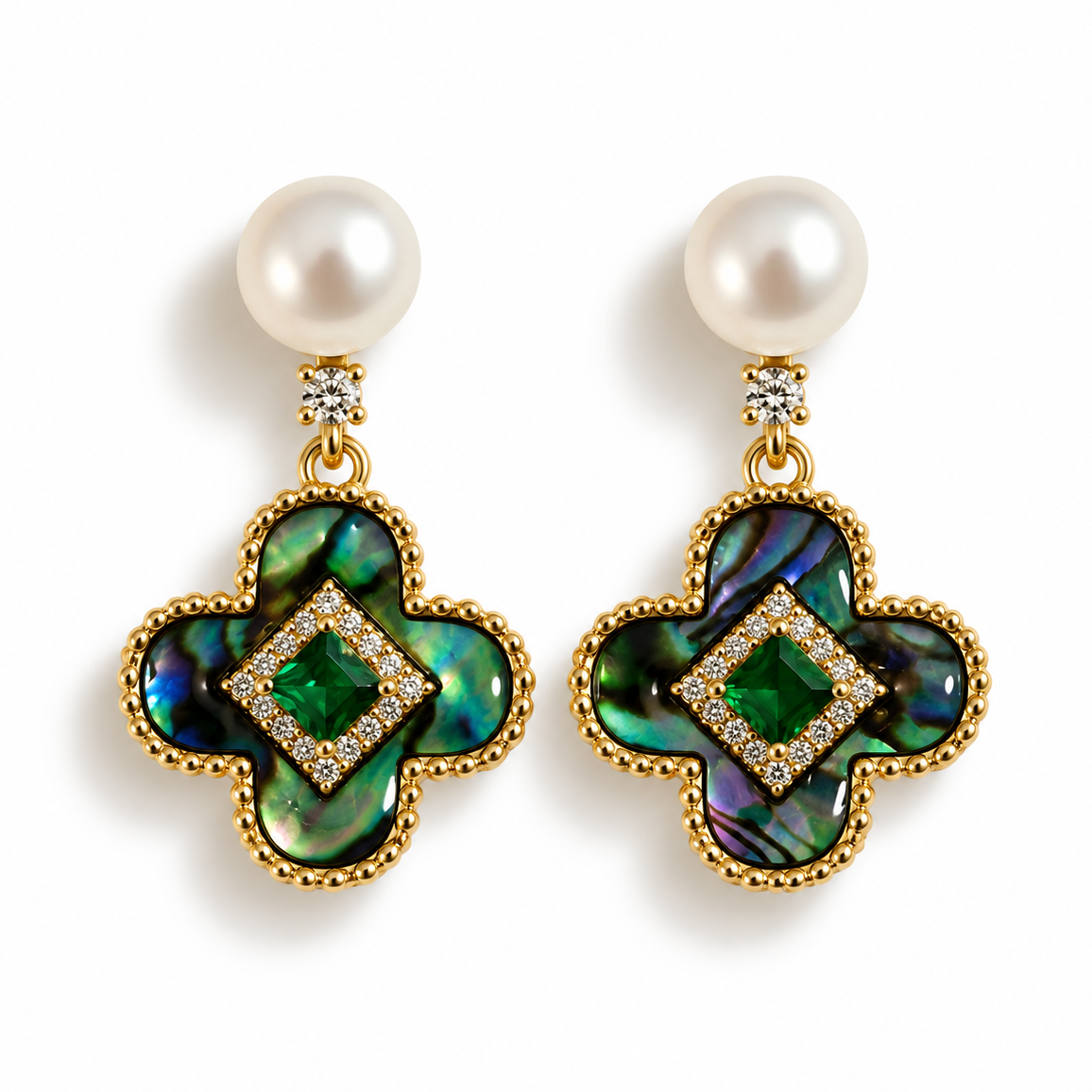 Natural Freshwater Pearl Earrings with multicolour green blue stone.