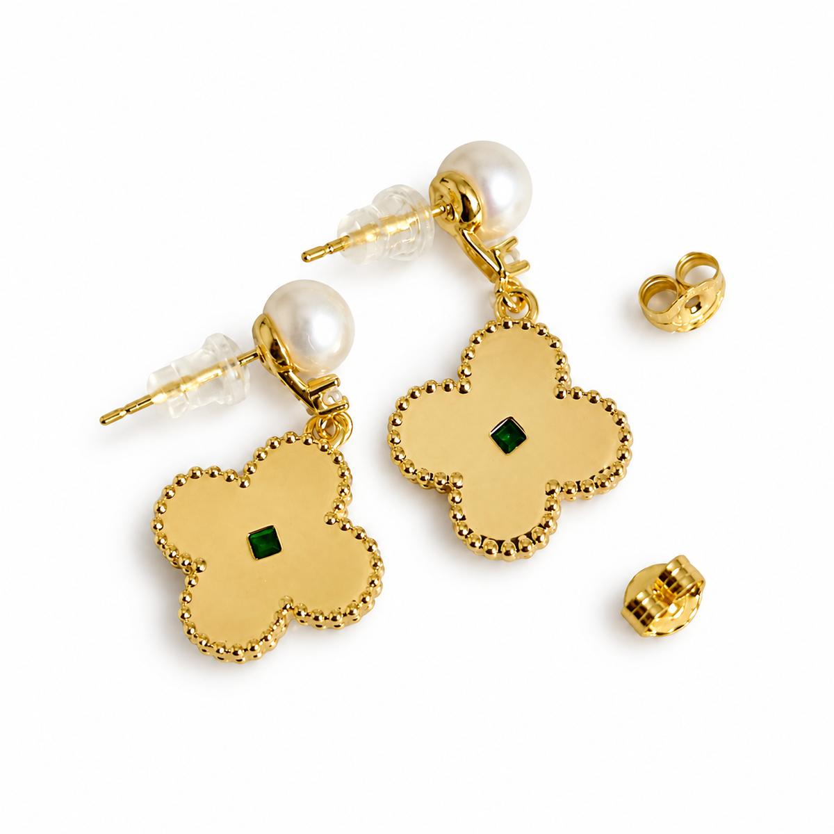 Natural Freshwater Pearl Earrings with multicolour green blue stone.