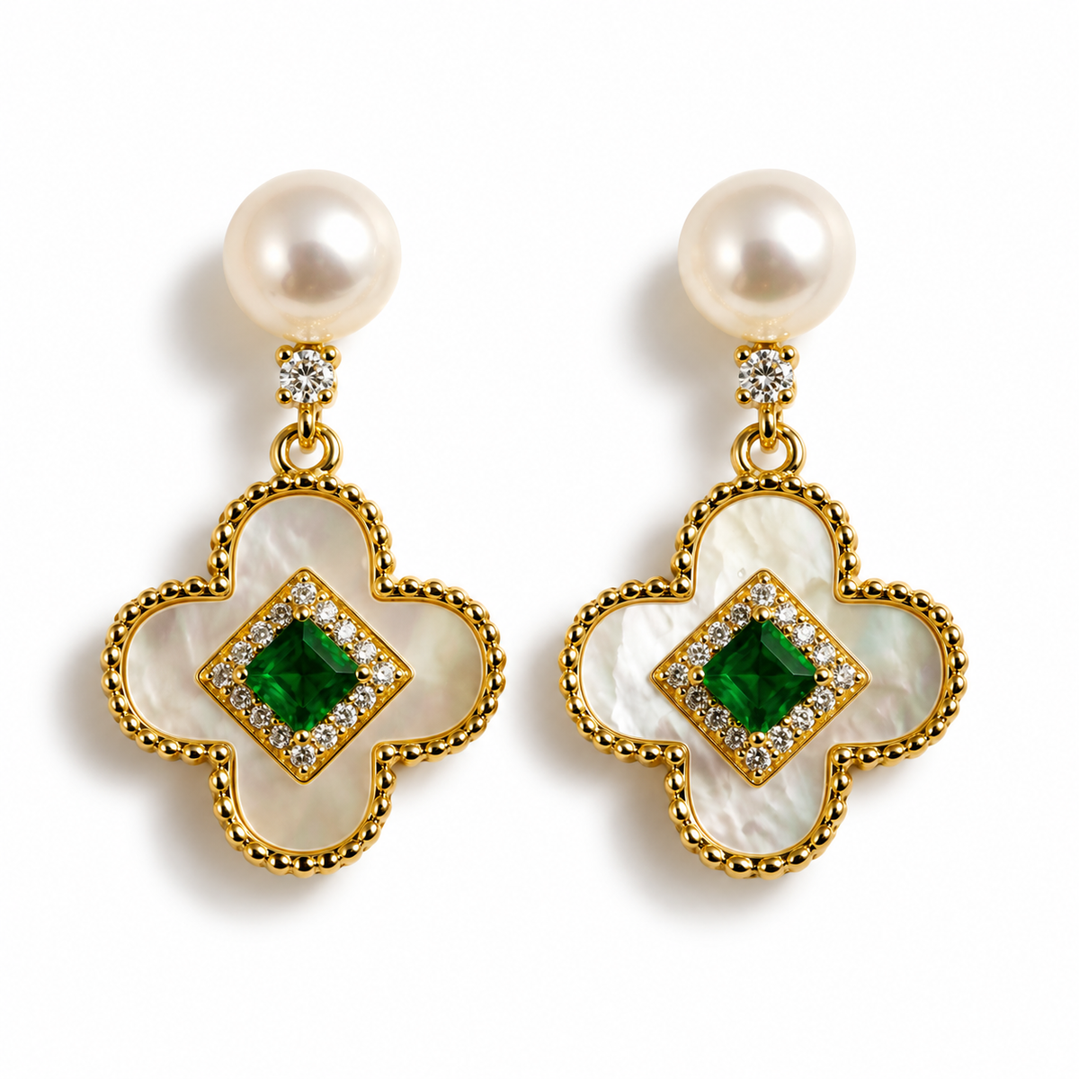 Trendy Pearl Earrings with Beautiful Green Stone.