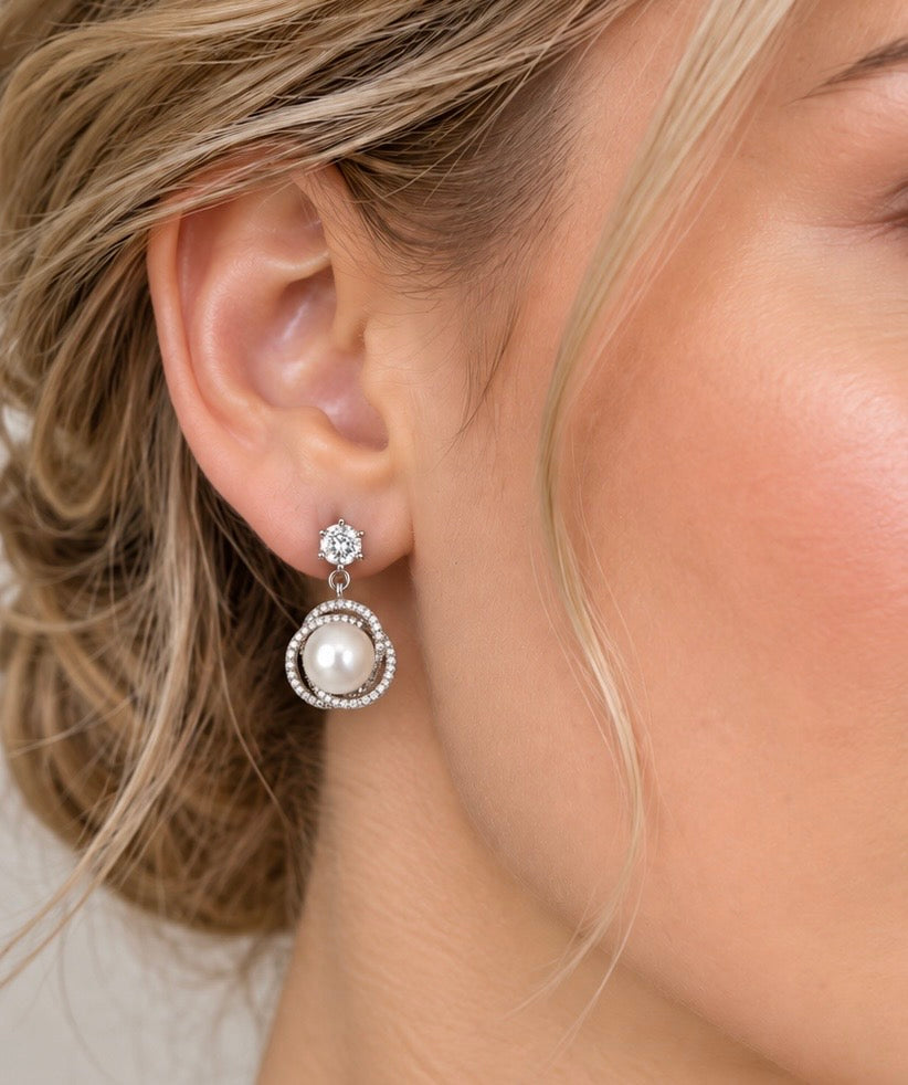Classic Natural Pearl Earrings with Zirconia.